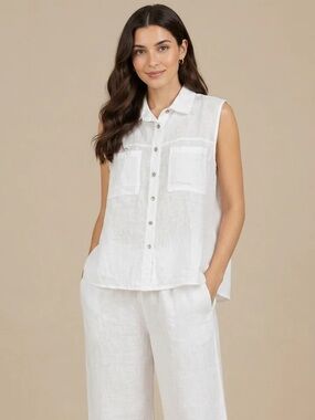 Mantles Size 18W Sleeveless White Linen Button-Front Shirt